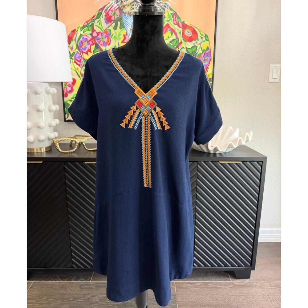 SUGAR + LIPS Navy Embroidered Boho Shift Dress Womens Large